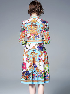 Stylish Print Lapel High Waist Midi Dress