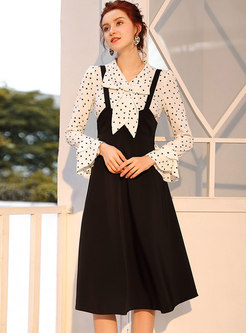 Trendy Polka Dot Flare Sleeve Blouse & A Line Skirt