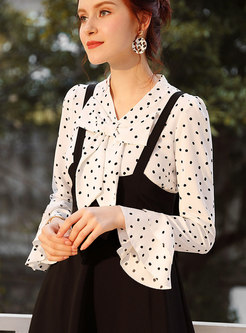 Trendy Polka Dot Flare Sleeve Blouse & A Line Skirt