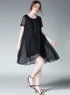 Stylish Plus-size Black O-neck Shift Dress