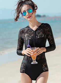 V-neck Long Sleeve Hollow Out Swimwear