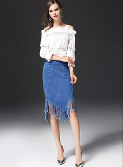 Denim High Waist Tassel Asymmetric Sheath Skirt