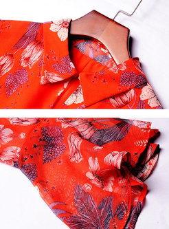 Print Lapel Flare Sleeve Tie-waist Slim Mini Dress