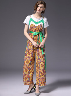 Stylish Print Belted Wide Leg Overalls