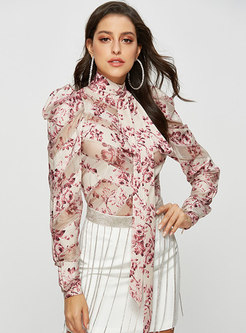 Sexy Print Splicing Stand Collar Tie Blouse