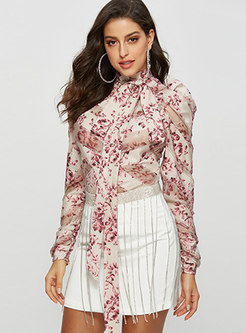 Sexy Print Splicing Stand Collar Tie Blouse