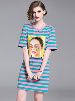 Casual Striped Cartoon Pattern T-shirt Dress