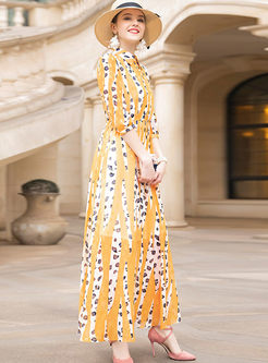 Fashion Lapel Printed Chiffon Maxi Dress
