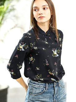 Vintage Print Stand Collar Casual Blouse
