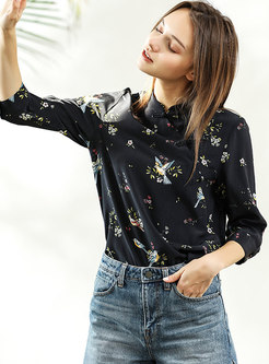 Vintage Print Stand Collar Casual Blouse