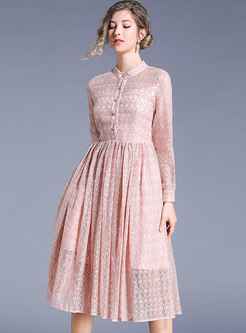 Trendy Stand Collar Lace Pure Color Pleated Dress