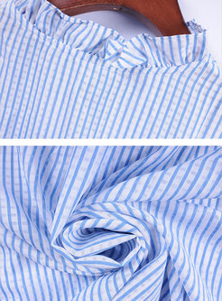 Striped Ruffled Collar Short Sleeve Blouse