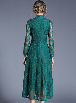 Elegant Jacquard Feather Lace High Waist Skater Dress