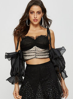 Sexy Lace Puff Sleeve Bandeau Slim Top