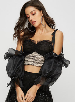 Sexy Lace Puff Sleeve Bandeau Slim Top