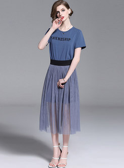 Letter Print O-neck T-shirt & Elastic Waist Gauze Skirt