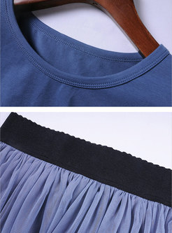 Letter Print O-neck T-shirt & Elastic Waist Gauze Skirt