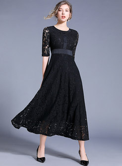 Trendy Pure Color Lace Jacquard Maxi Dress