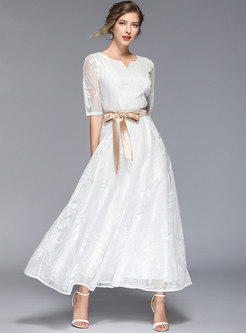 Elegant V-neck Tied Lace High Waist White Maxi Dress