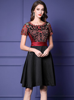 Elegant Hit Color Embroidered Mesh A Line Dress