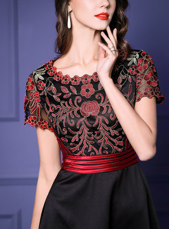 Elegant Hit Color Embroidered Mesh A Line Dress