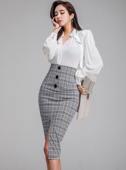 Elegant Solid Color Blouse & Plaid Split Sheath Skirt