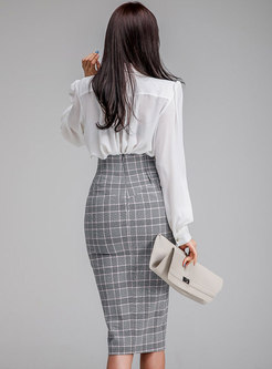 Elegant Solid Color Blouse & Plaid Split Sheath Skirt