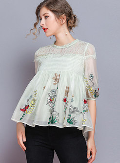Lace Splicing Embroidered Half Sleeve Loose Blouse