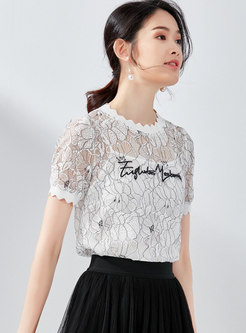 Letter Embroidered Lace See-through T-shirt With Cami