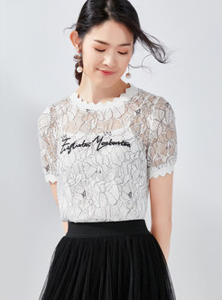 Letter Embroidered Lace See-through T-shirt With Cami