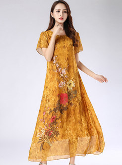 Casual Print Yellow Big Hem Maxi Dress