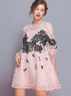 Lace Embroidered Lantern Sleeve Loose Mini Dress