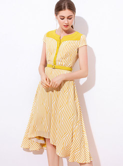 Chic Striped Belted Asymmetric Midi Dress