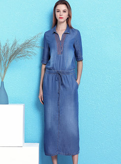 Stylish Denim Lapel Tie-waist Slim Maxi Dress