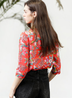 Vintage Print Stand Collar Pullover Blouse