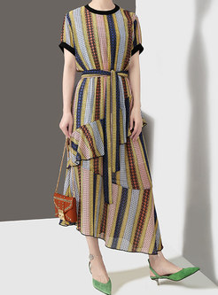Chic Striped O-neck Belted Asymmetric Maxi Dress