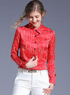 Red Print Lapel Single-breasted Slim Blouse