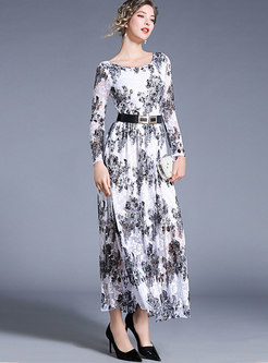 Lace Print O-neck Belted Slim Maxi Dress