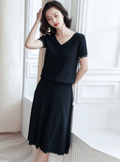 Chic V-neck Solid Color Knitted Two Piece Dress