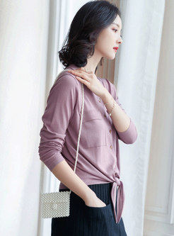 Casual Tied Lapel Pure Color Blouse