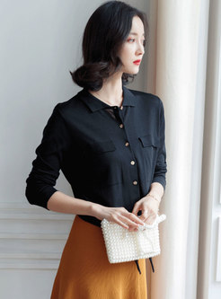 Vintage Black Turn-down Collar Knitted Blouse