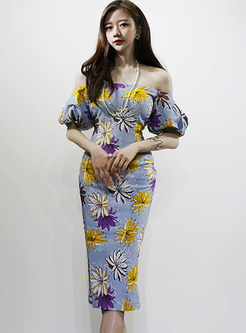Chic Print Lantern Sleeve Bodycon Dress