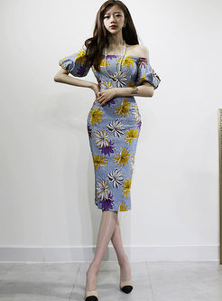 Chic Print Lantern Sleeve Bodycon Dress