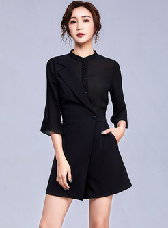 Solid Color Splicing Irregular Button Black Rompers