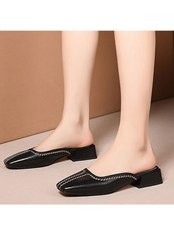 Casual Leather Square Heel Flat Slippers