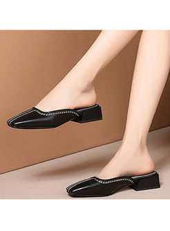 Casual Leather Square Heel Flat Slippers