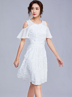 White Off Shoulder Slim Zippered Skater Dress