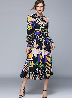 Print Lapel Single-breasted Belted A Line Dress