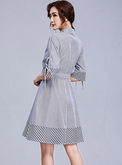 Fashion Striped Lapel Tied T-shirt Dress