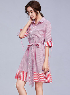 Fashion Striped Single-breasted Tied T-shirt Dress